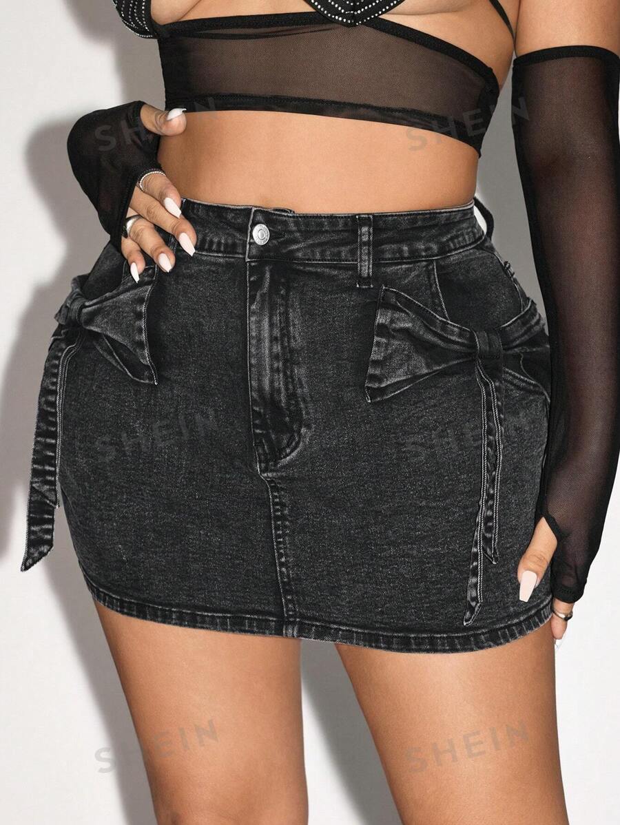 SHEIN ICON Falda vaquera entallada con cinturón de lazo de presillas talla grande