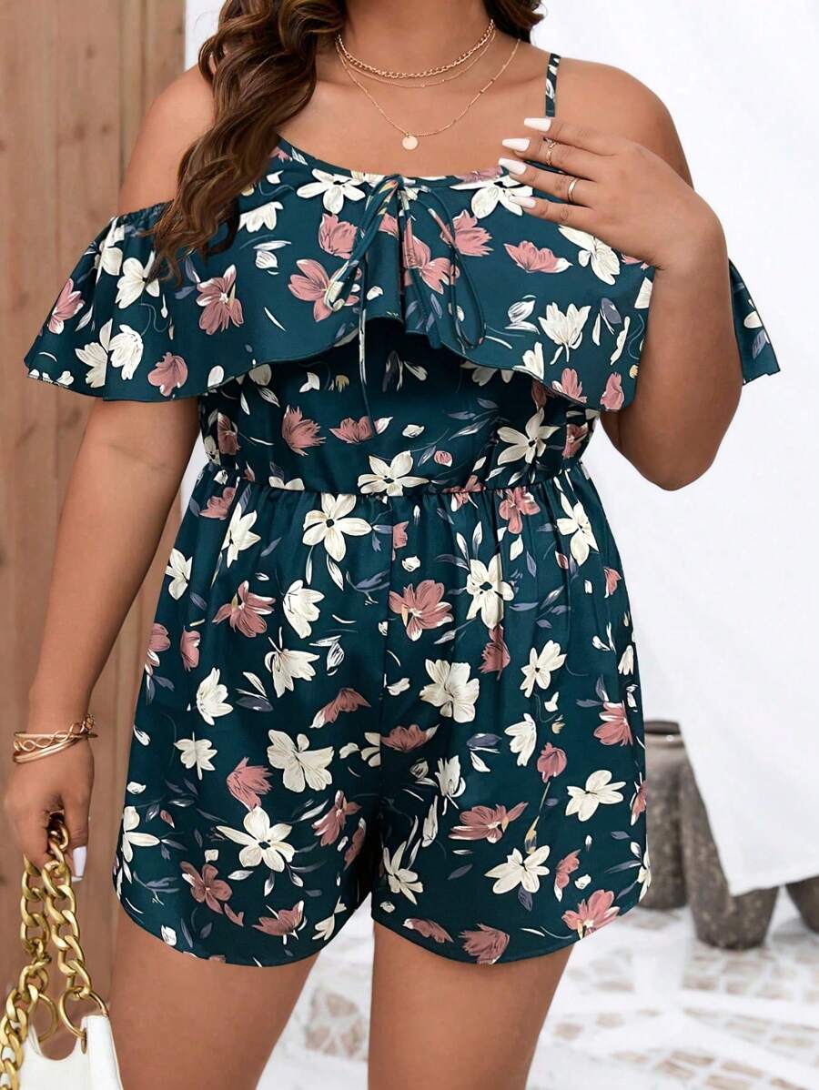 SHEIN Clasi Grote maten spaghettibandjes, rugloze, zelfbindende elegante jumpsuit met all-over print