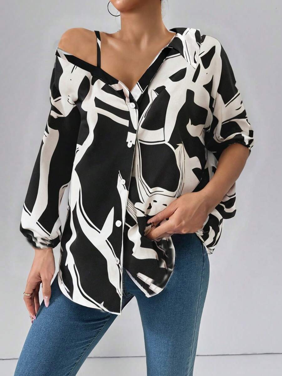 SHEIN Essnce Camicia asimmetrica in stile casual e di strada di nuova moda per donna, con bottoni, adatta per la primavera, l estate o l autunno, outfit da crociera o abbigliamento da insegnante