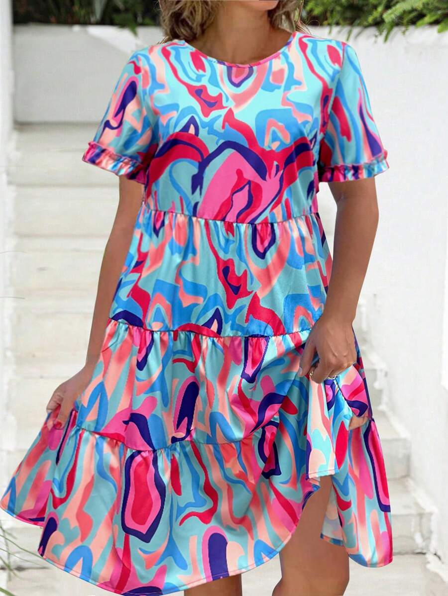 Breezaya Plus Size Full Print Ruffle Sleeve Dress