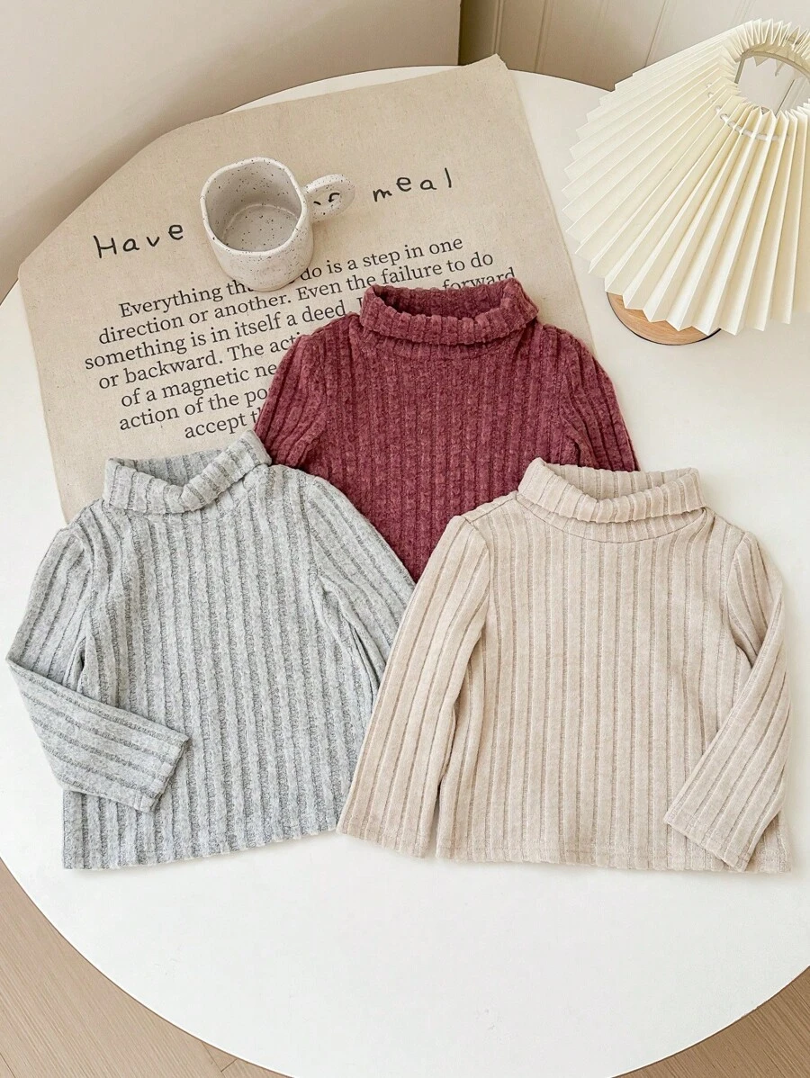 SHEIN 3 stks/set babymeisjes effen kleur gebreid shirt met hoge kraag en lange mouwen