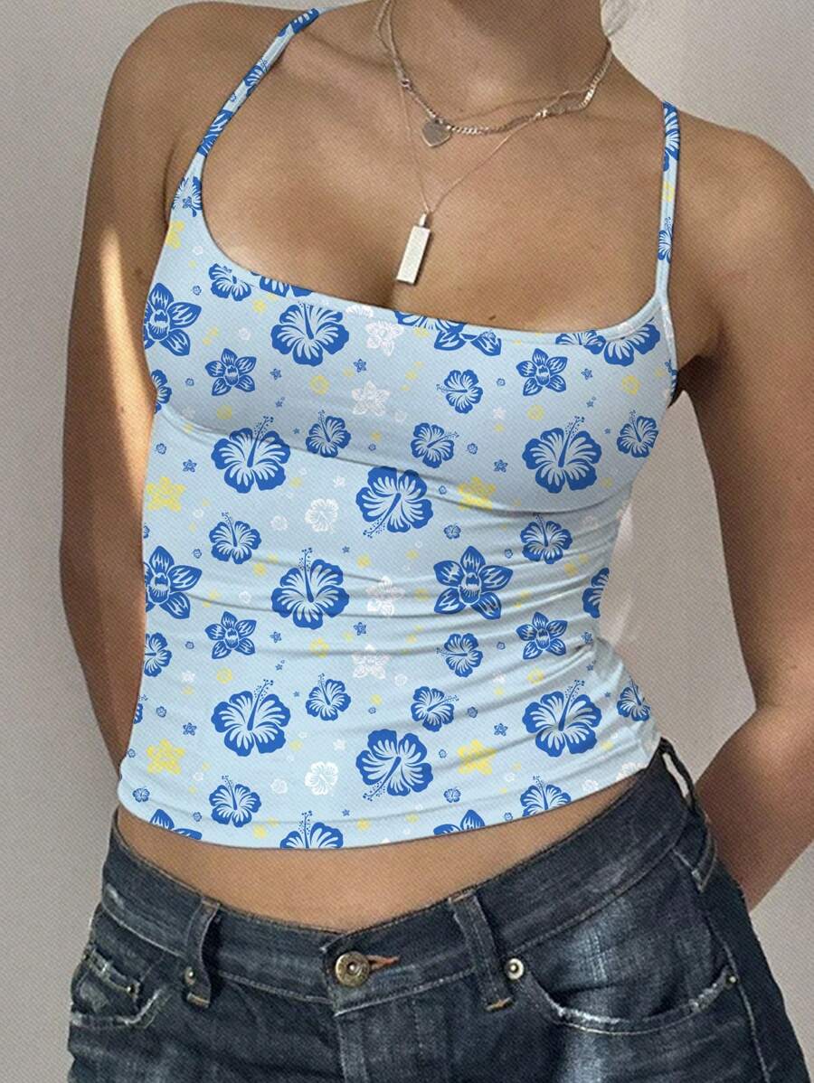 SHEIN EZwear Women Casual Ditsy Floral Sexy Suspenders Tights Cami Top Summer