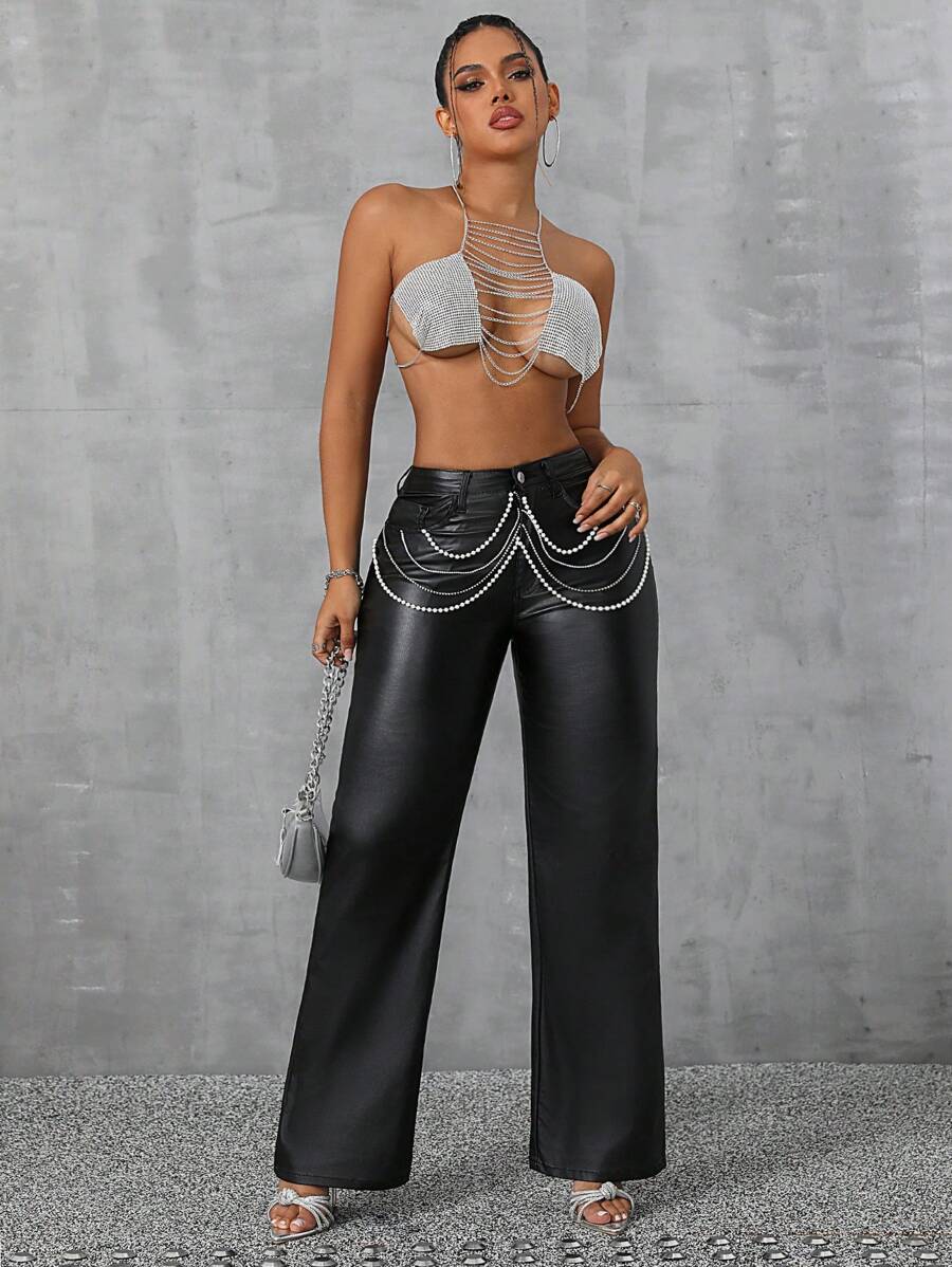 Pantalones casuales sencillos con decoración de cadena de unicolor para mujer
