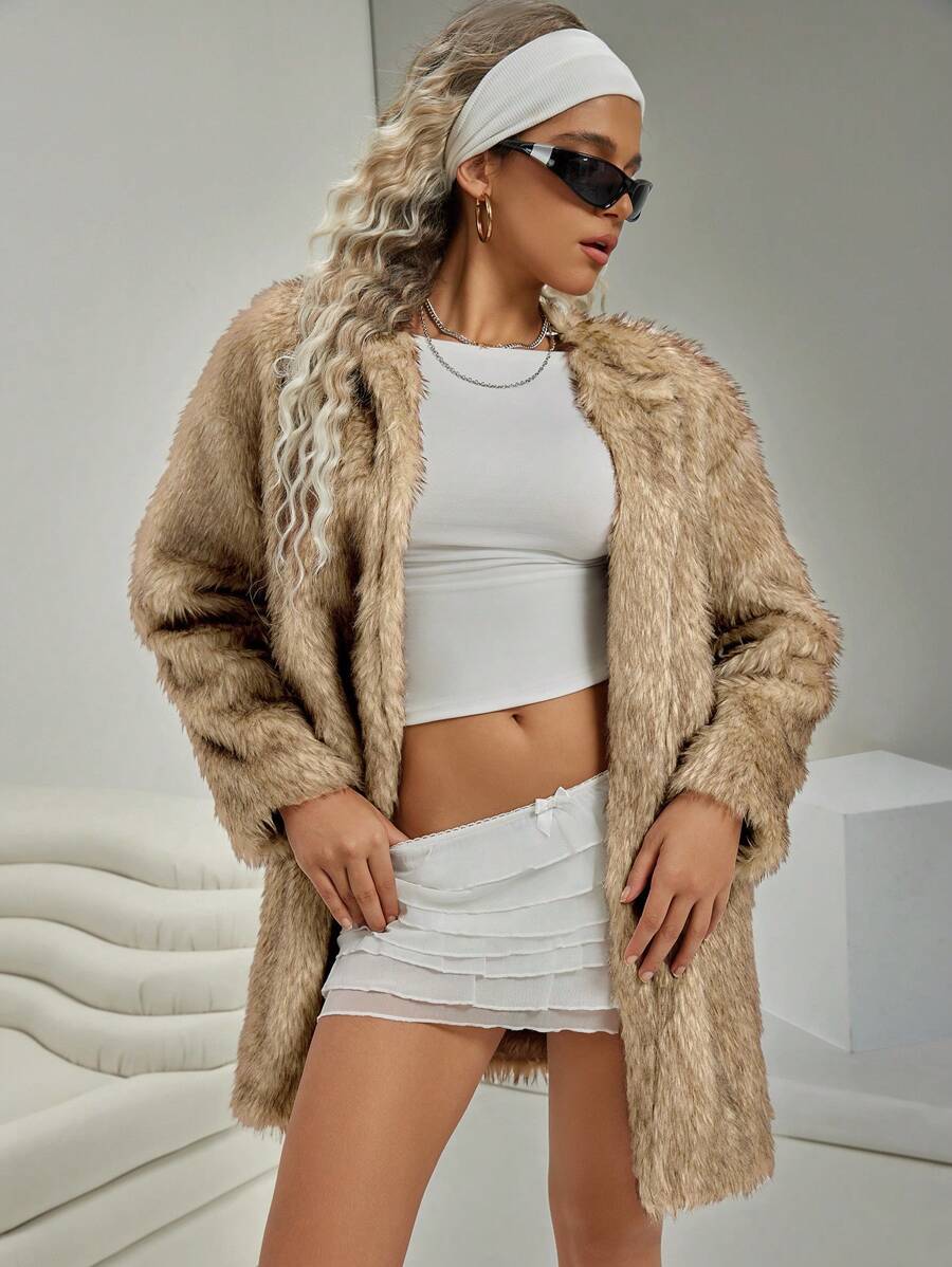 VARSITIE Retro Style Light Brown Mid-Length Loose Fake Fur Women Sports Jackets