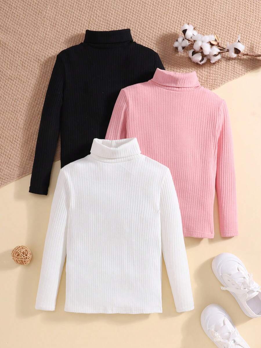 3 piezas Tops de manga larga con cuello alto de punto de unicolor básico para niñas preadolescentes