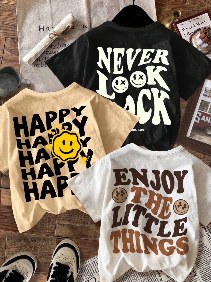 SHEIN Conjunto de 3 peças de camisetas Tween Boys casuais relaxadas e felizes sorrindo com gola redonda e manga curta, verão