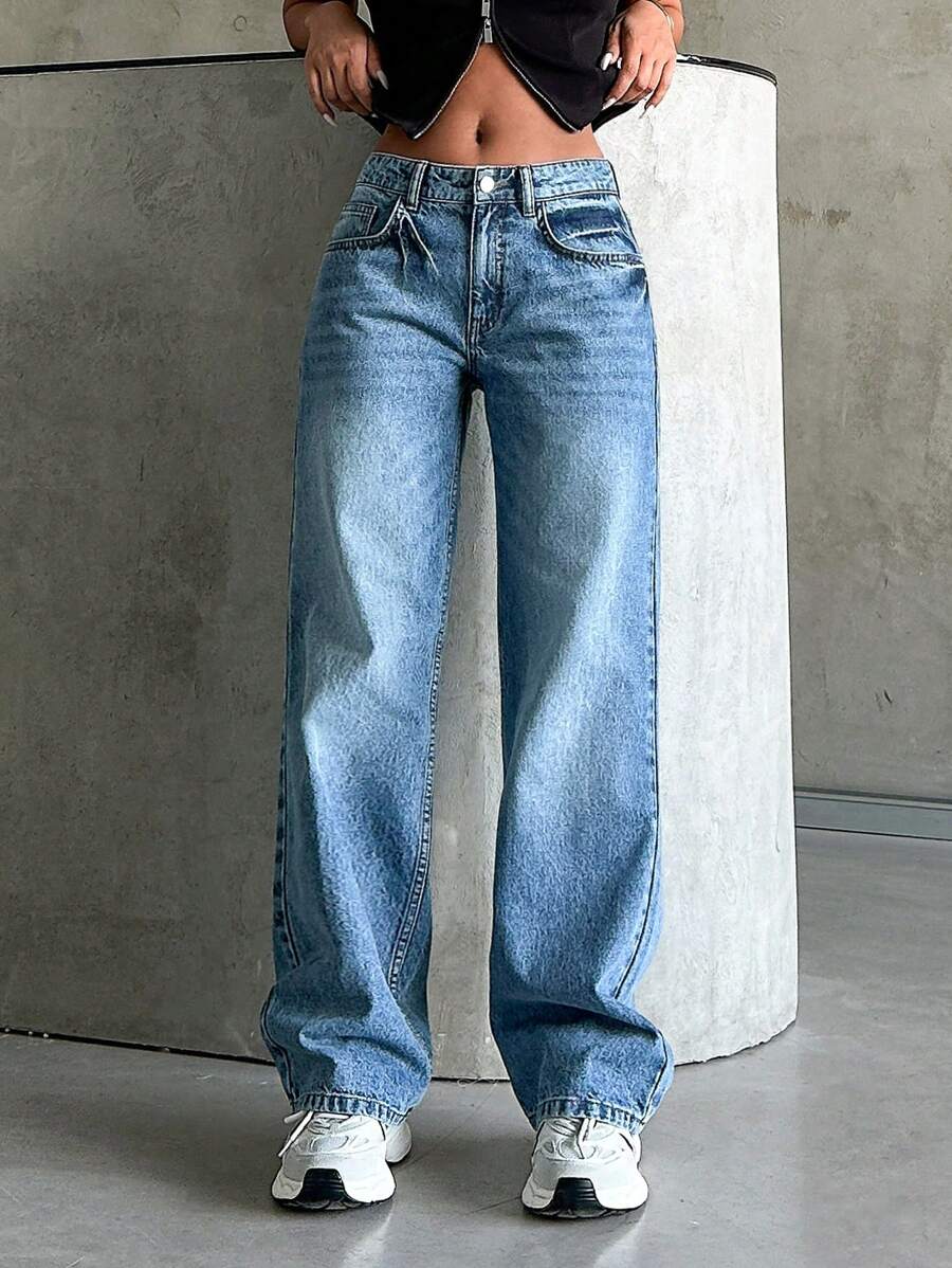 RueChic 100% Cotton Low Waist Wash Detailed Straight Cut Jean