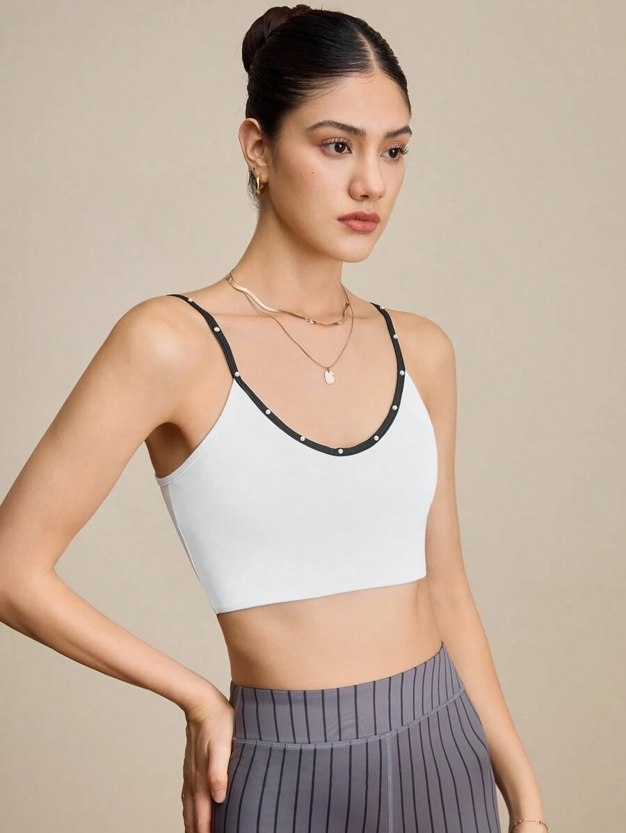Lifespree Women's Contrast Trim Faux Pearl Decor Camisole Sports Bra