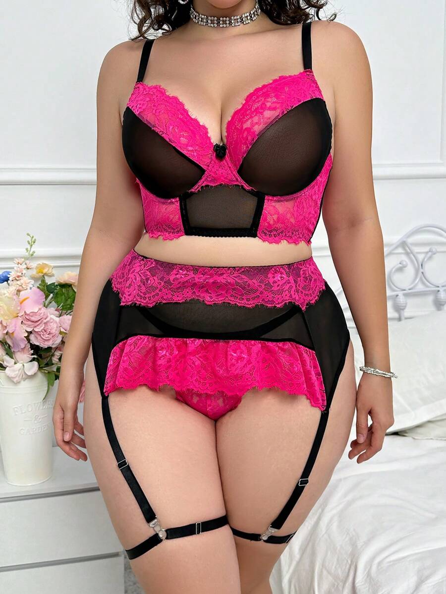 Set de 5 piezas de lencería sexy con encaje y malla en contraste, con aros, para tallas grandes