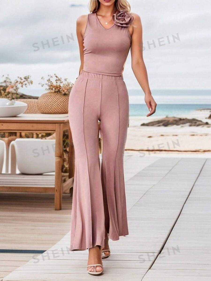 Calvaya Top elegante de mujer sin mangas con cuello en V, con adornos de flores 3D en unicolor, 2 piezas