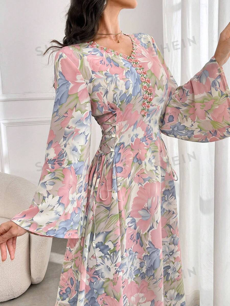 Al Najma Vestido largo y modesto de cuello en V con manga larga y estampado floral en todo el Body, de estilo árabe, para mujeres
