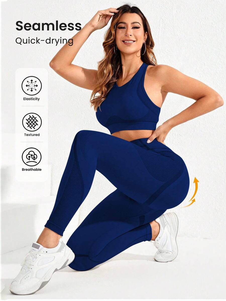 SHEIN Sport Studio Women Solid Color Crop Vest And Leggings Seamless Highly Elastic Sports Suit Workout Women Set Women Leggings Set
