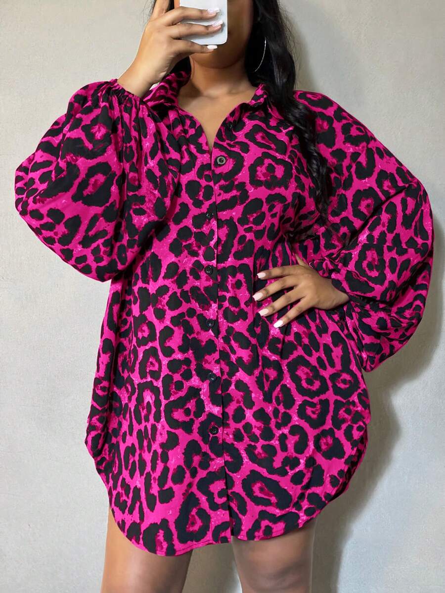 SHEIN SXY Plus Size Women's Leopard Print Lantern Sleeve Curved Hem Shirt, Suitable For All Seasons, Date Night, Birthday, Bachelorette Party, Casual, Shopping, Streetwear, Going Out, Vacation, Easy To Match&Looks Slim, Flatter The Figure