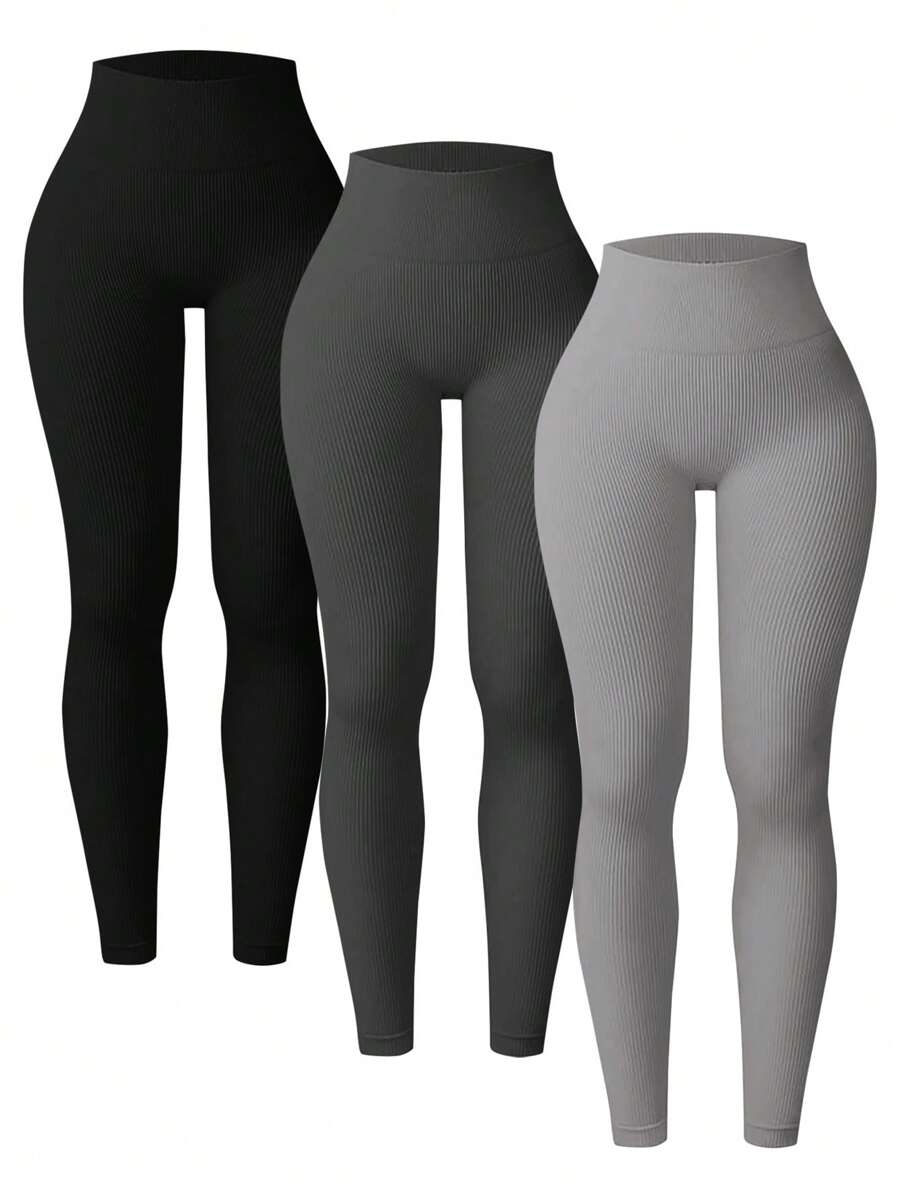 SHEIN Velisys 3 Packungen gerippte nahtlose Leggings für Frauen - Hoher Bund, Figurformend, Blickdicht Yogahosen für Training, Sport, Laufen, Radfahren, Yoga, Pickleball, Gymnastik, Lässig