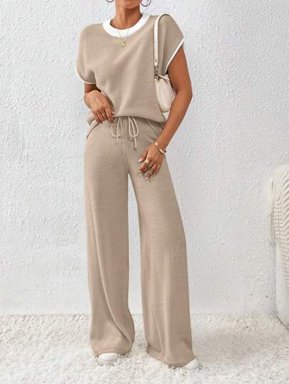 SHEIN LUNE 2pcs Women's Casual Color Block Drawstring Knitted Set