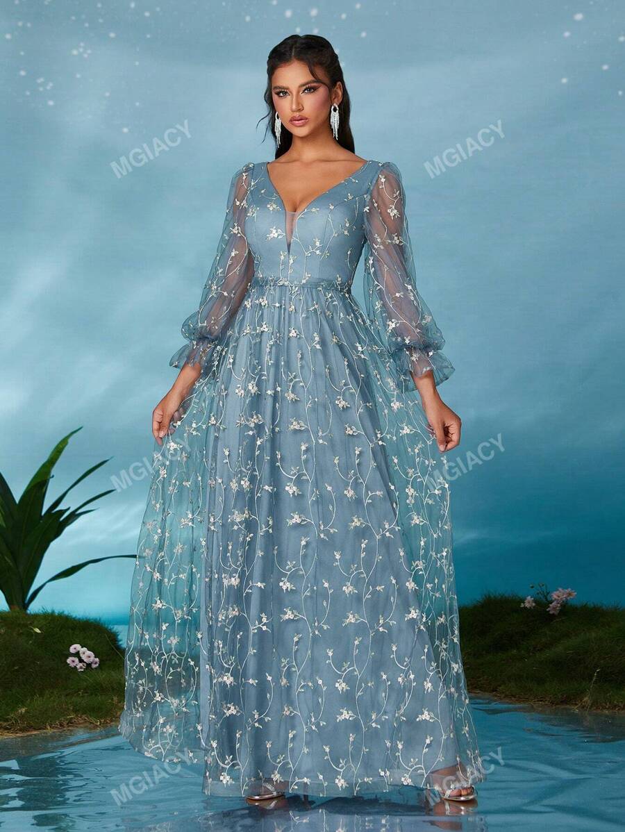 Mgiacyv V-Neck Lantern Sleeve Embroidered Lace Sleeved High-End Evening Gown,Party Dress,Formal,Wedding Guest