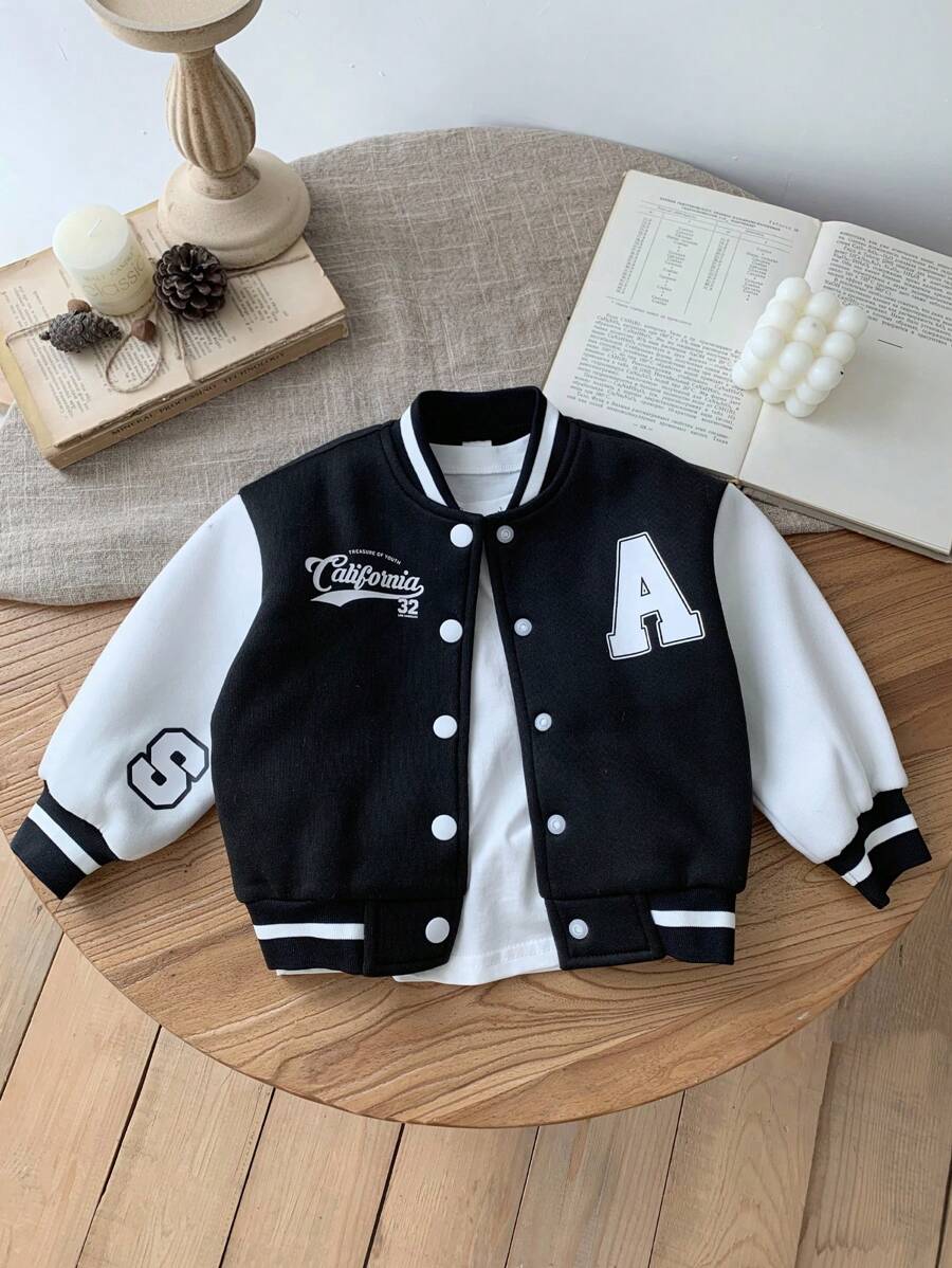 SHEIN Herfst winter babymeisje/jongen schattig gemengd kleur letterpatroon opstaande kraag jas