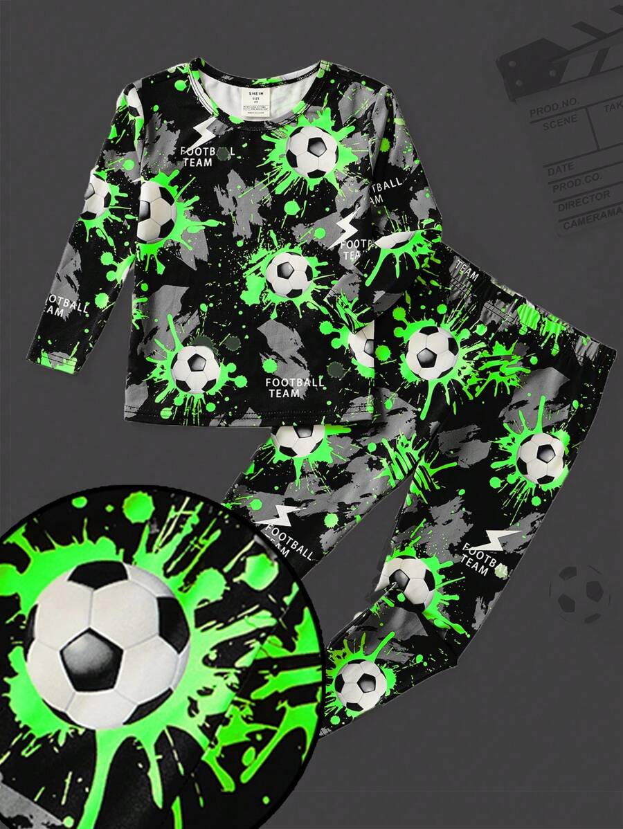 SHEIN 2-teiliger, hautenger, atmungsaktiver Pyjama-Schlafanzug für Kleine Jungen mit Football-Motiv, leuchtender Langarm-Oberteil und Hose