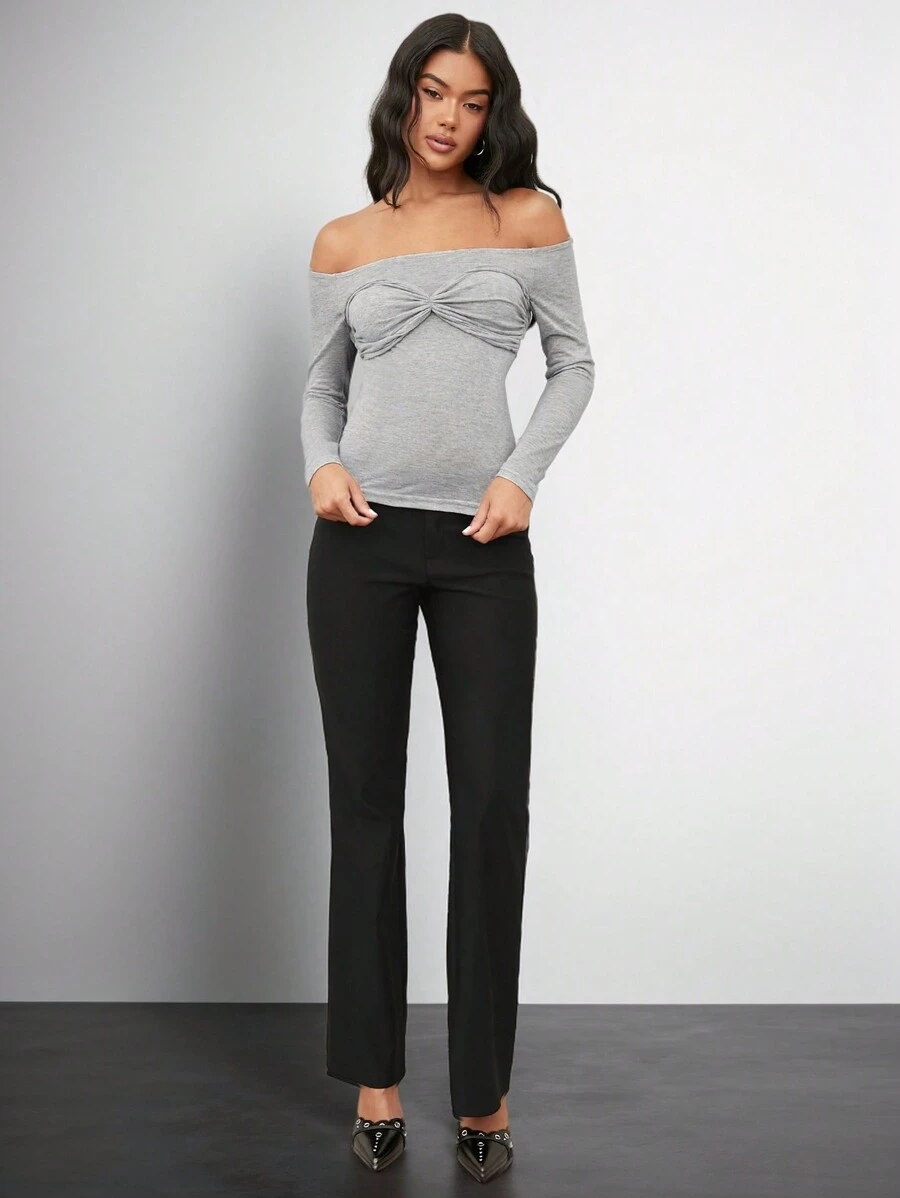 SHEIN BAE Gray Solid Color Women's Simple Daily Casual Outing, Back To School, Off Shoulder Off-Shoulder Long-Sleeved Tight T-Shirt,
Fitted T Shirt,Long Sleeves Woman,Work Women Tops