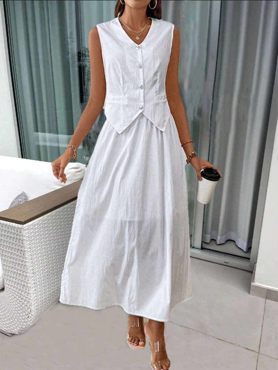 Calvaya Solid Color Front Button Vest Suit Jacket And Skirt Set