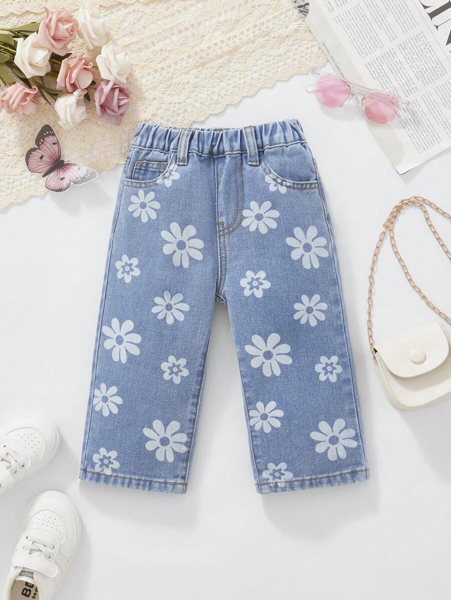 Baby Girls Cute Flower Printed Medium Blue Simple Casual Four Seasons All-Match All-Match Denim Pants