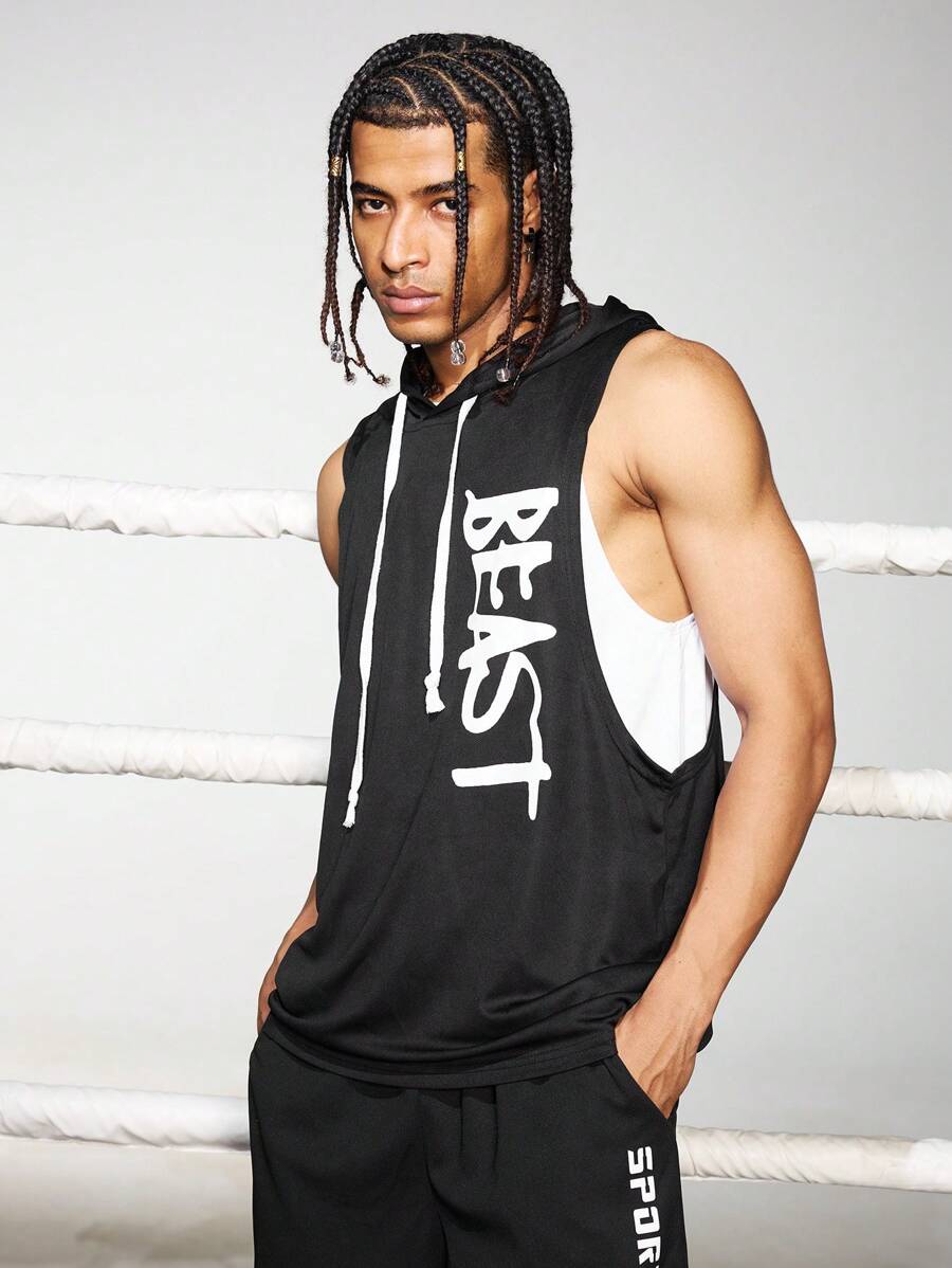 Sport MetroGents Camiseta sin mangas con capucha con cordón y diseño gráfico de letra para hombre, paquete de tops deportivos
