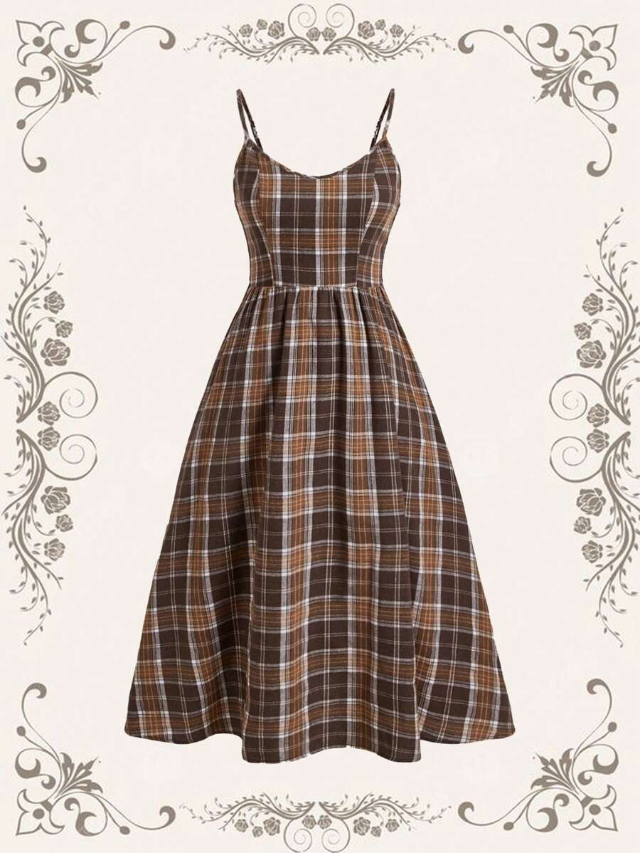SHEIN MOD Vestido de tirantes de talla grande con estampado de cuadros en tono marrón para el verano