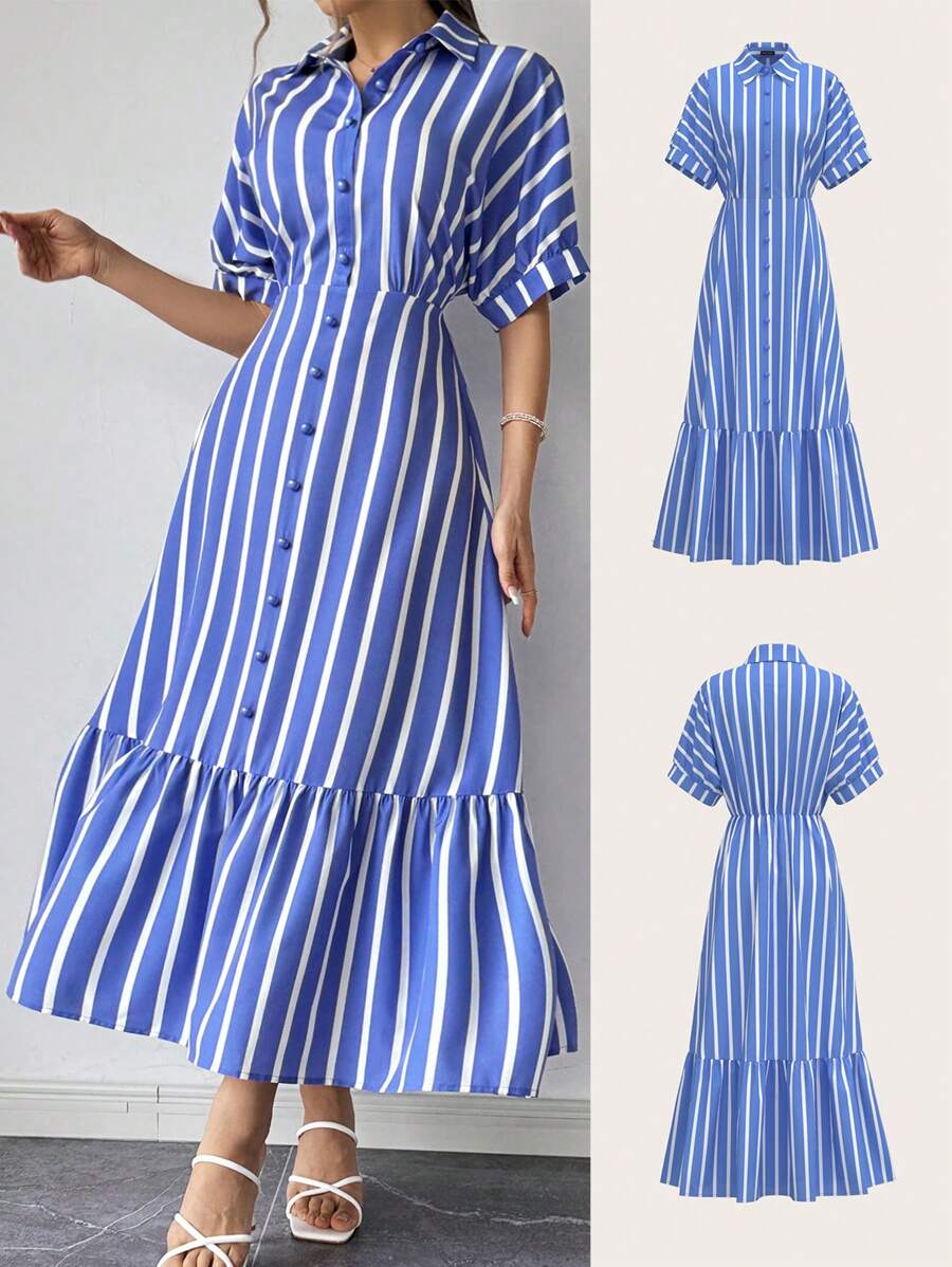 SHEIN Privé Blauw-wit gestreepte lange damesjurk met ruches aan de mouwen