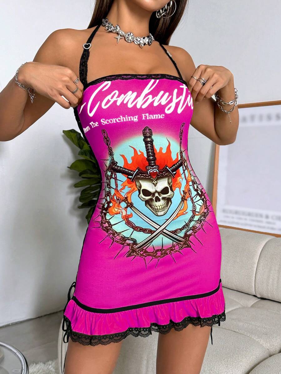 SHEIN Unity Vestido corto con cuello de lazo, borde de contraste, estampado de calavera y letras