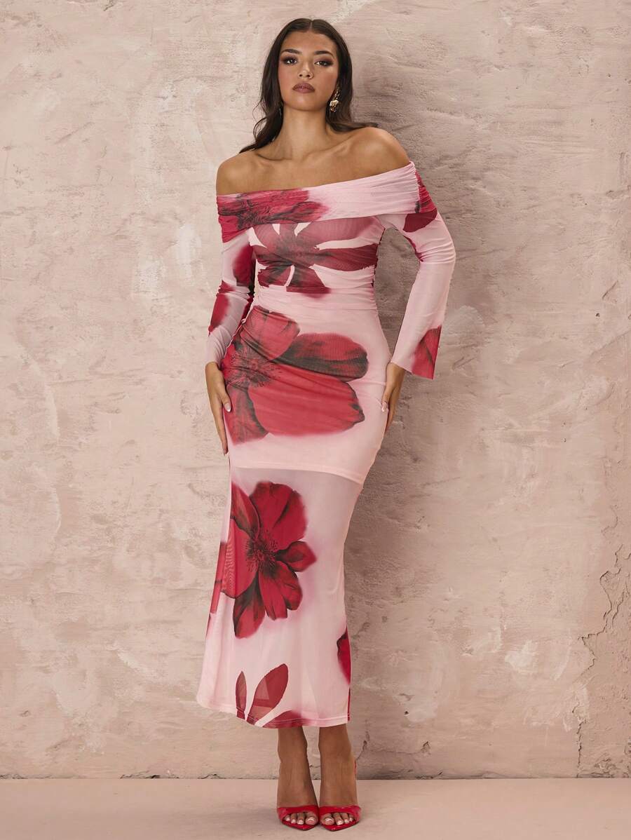 SHEIN X Ignacia Antonia Glamine Off-Shoulder Floral Print Fitted Dress, Casual/Resort
