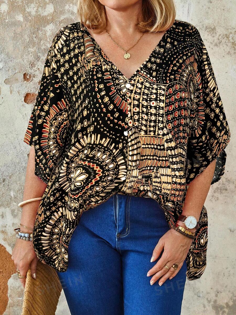 Blusa casual con estampado y cuello en V para mujeres de talla grande, para el verano