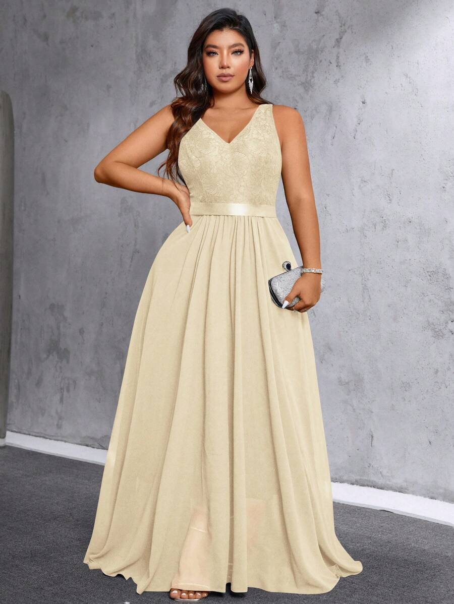 SHEIN Belle Plus Size V-Neck Sleeveless Back Zipper Pleated Dress Maxi Women Outfit