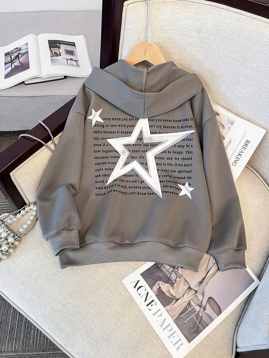 Chaqueta con capucha de sudadera con cremallera y estampado de estrella en la espalda, holgada y casual, de urbana, de color gris ultra suelto, de manga caída para niña preadolescente