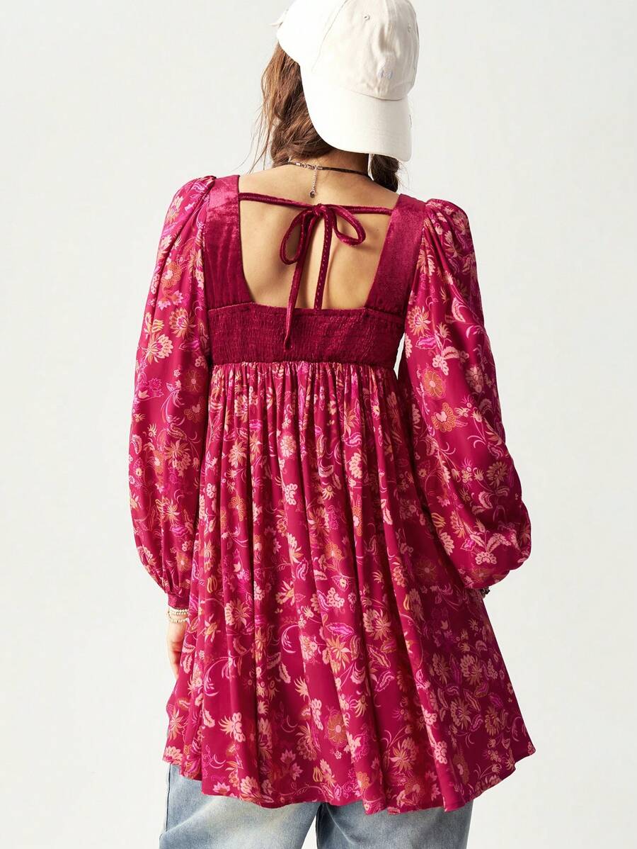 Bohemela Women's Floral Print Long Sleeve Mini Dress For Vacation, Autumn