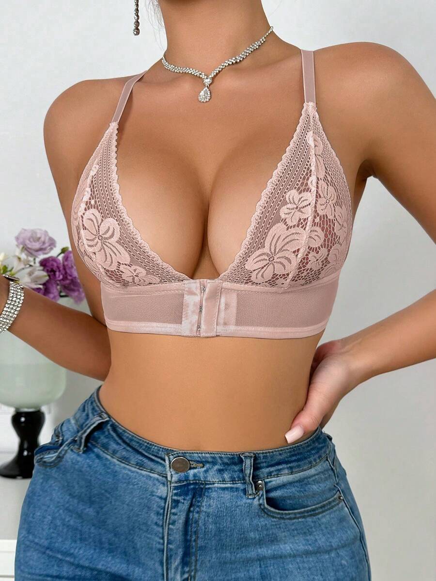 1 Stück Kontrast-Spitzen-BH mit Frontverschluss, kabelloser Damen Dessous
