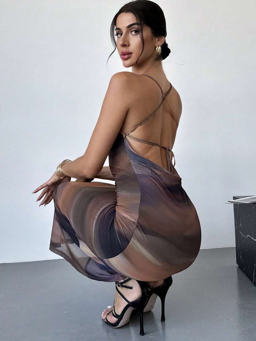 Firerie Vestido cami corto ajustado, de malla transparente, con tirantes, cuello swing, y diseño degradado multicolor, elegante y sexy para vacaciones de verano de mujer