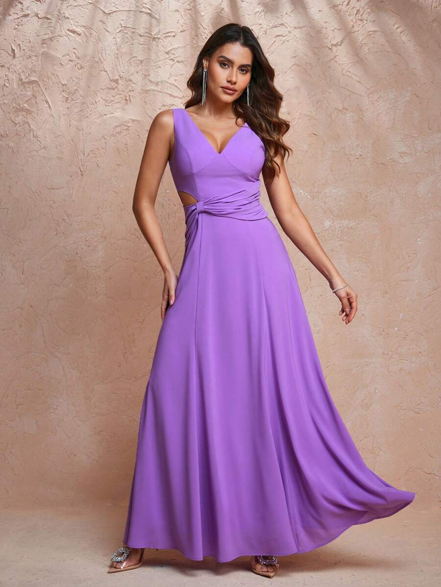 ACUSTOMFIT Designer Women's Solid Color V-Neck Side Waist Hollow Twist Long Elegant Chiffon Dress,Summer Elegant Dress