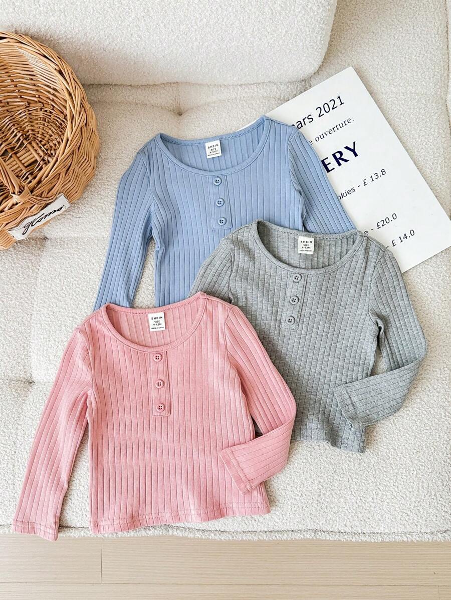 SHEIN 3pcs Baby Girl Casual Cute Versatile Solid Color Knit Elastic Long Sleeve Top Set