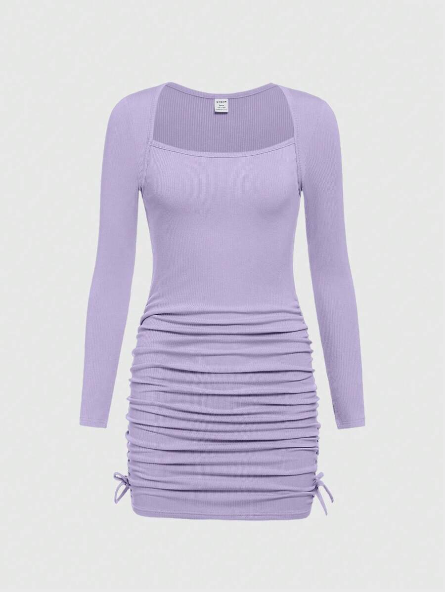 SHEIN Teenager Mädchen Kleid mit gerippter Struktur, Raffung an der Taille, Langarm, sportlich-lässiger Stil, Unifarben