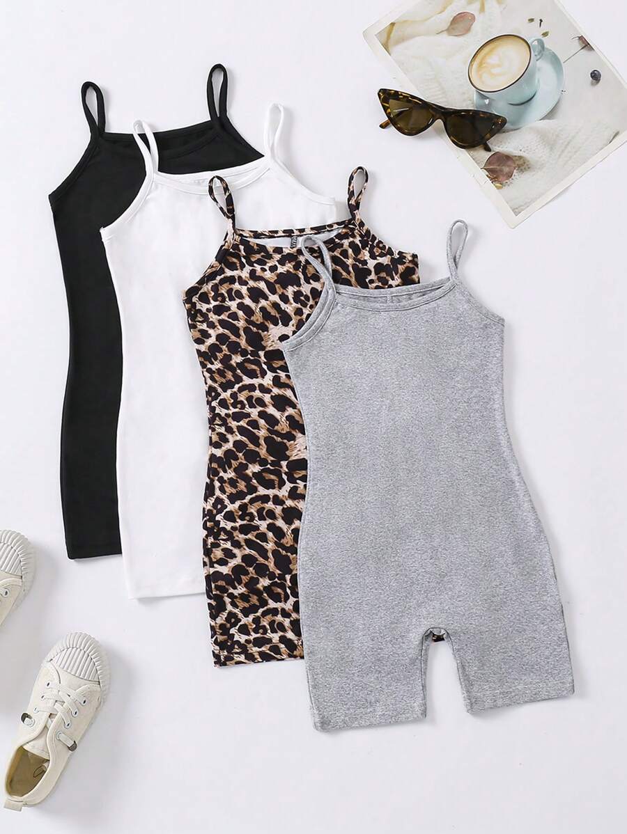 Wildeya Young Girl And Young Girl 3pcs/Set Casual Leopard Print Black, White, Gray Romper Jumpsuit, Suitable For Pairing With Jacket, Coat, Shirt, T-Shirt, Sweatshirt, Comfortable Fitting For Everyday Wear