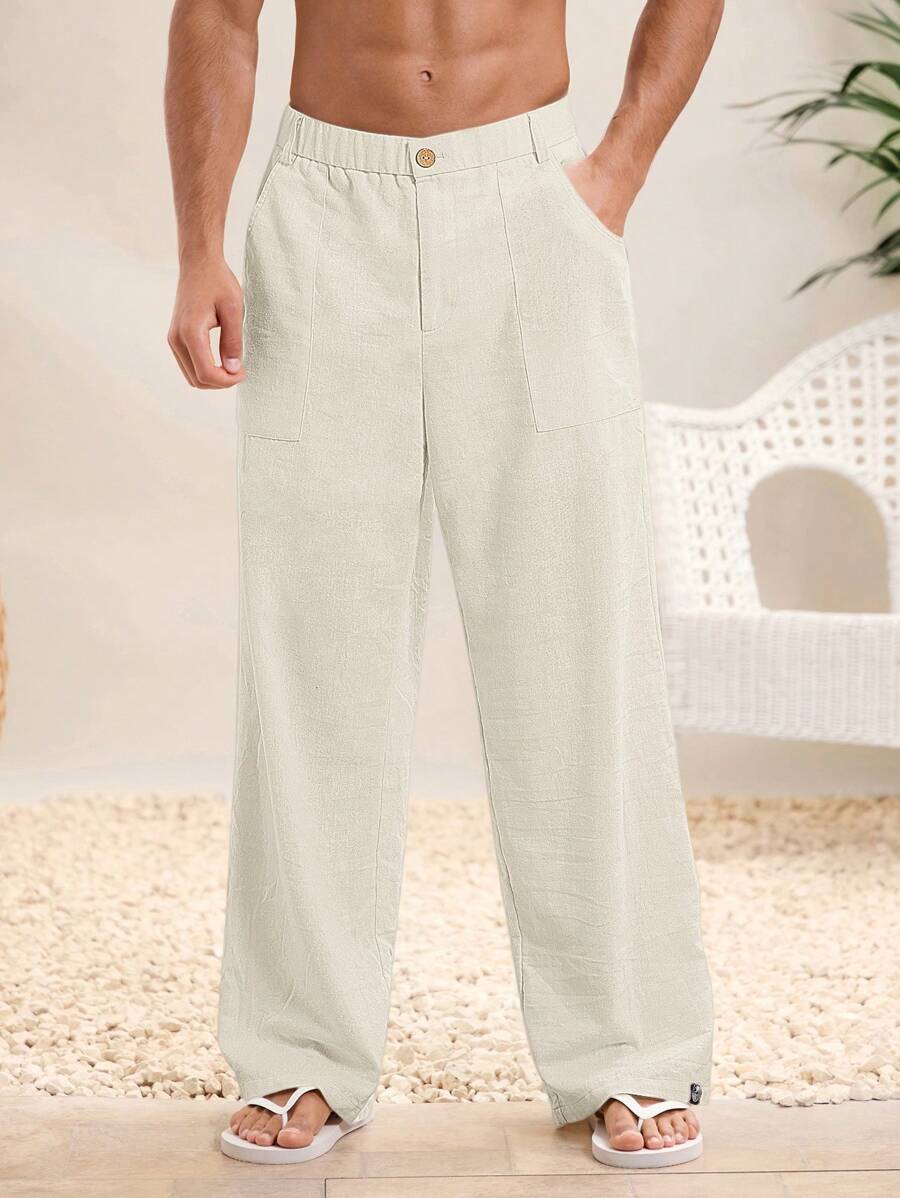 Manfinity VCAY Summer Lightweight & Breathable Casual Beach Woven White Baggy Linen Pants Men Beach Outfits