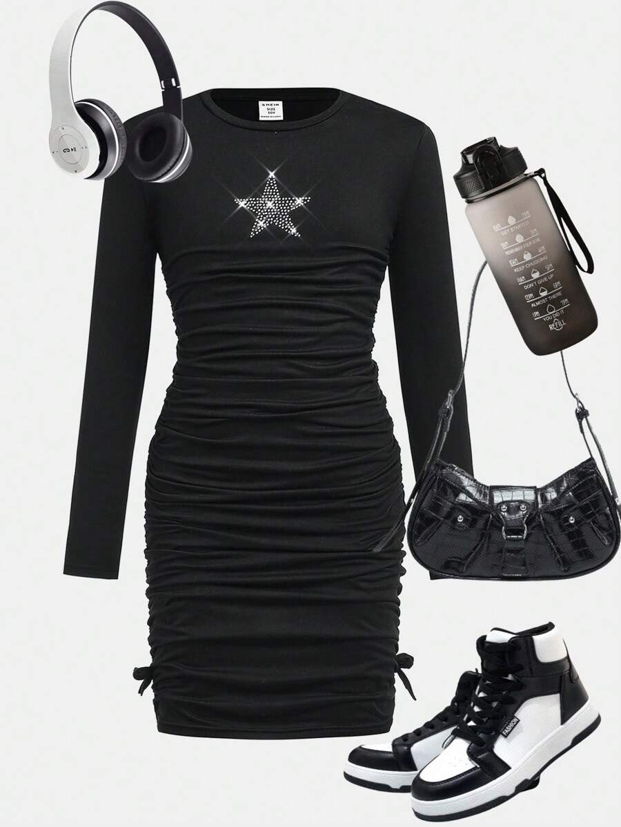 SHEIN Tween-Mädchen Kleid im Lässig-Stil mit schwarzen Pailletten, Sternenverzierung und plissiertem Langarm-Design