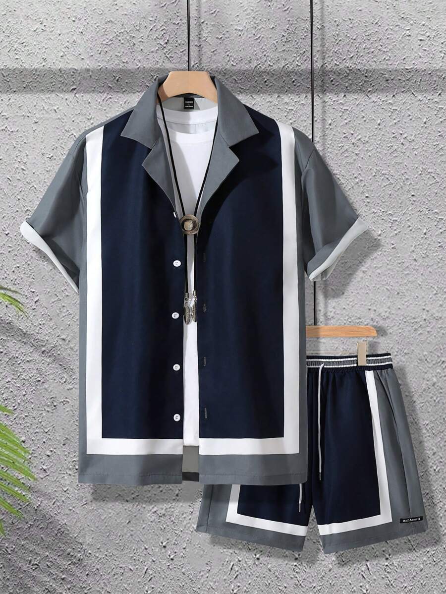 Manfinity LEGND Men's Summer Contrast Color Short Sleeve Shirt And Drawstring Waist Shorts Casual Loose Suit