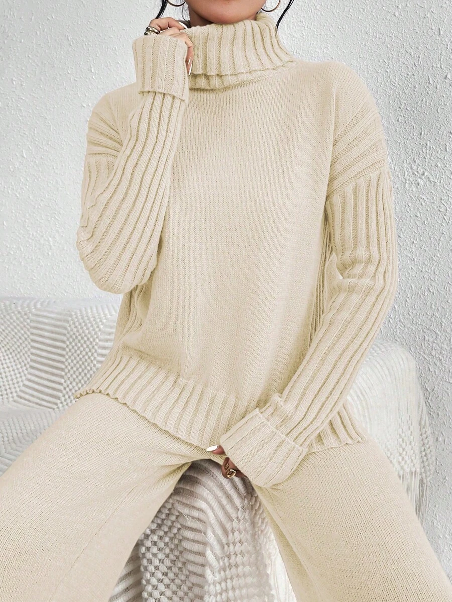 Chiquease Women's Solid Color Turtleneck Dropped Shoulder Long Sleeve Sweater And Knit Pants Set, Autumn Winter