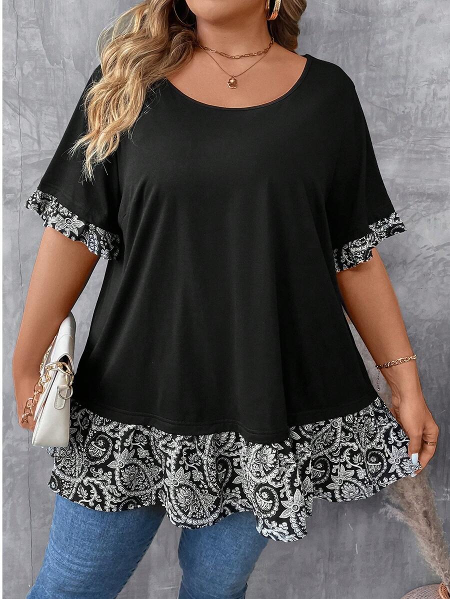 SHEIN CURVE+ Camiseta casual de manga corta con cuello redondo, talla grande para mujer con estampado floral de verano y remiendos
