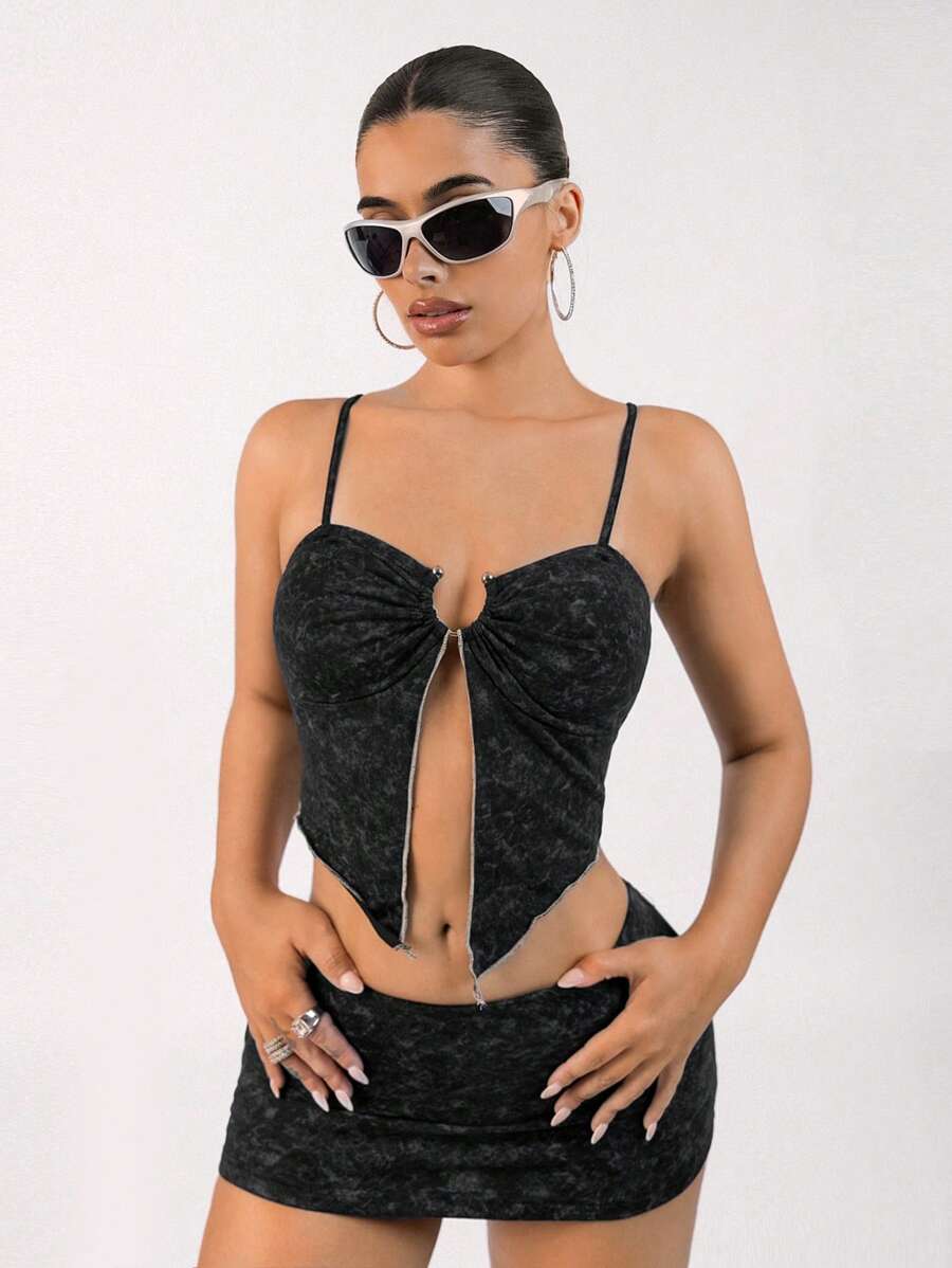 SHEIN ICON Y2k School Women Clothes Women's Bra Cup Gathered Spaghetti Straps Metal Ring Decoration Wave Edge Slit Hem Top And Ultra-Low Waist Skirt Fried Snowflake Two-Piece Set