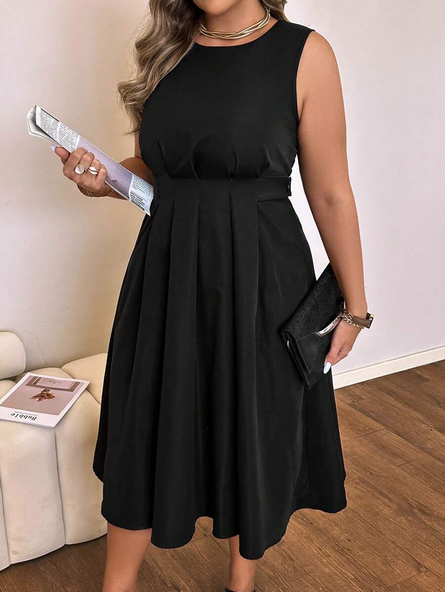 Franclia Vestido casual negro de talla grande con cuello en V sin mangas y plisado