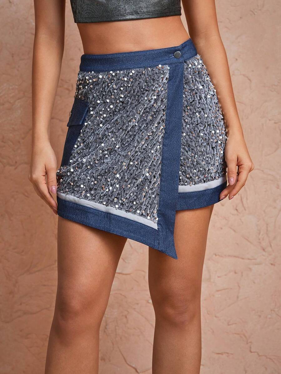 Let Your Light Shine Designer Glittery Sparkle Sequin Elegant Asymmetric Hem Skirt, For Holiday, Party, Festival