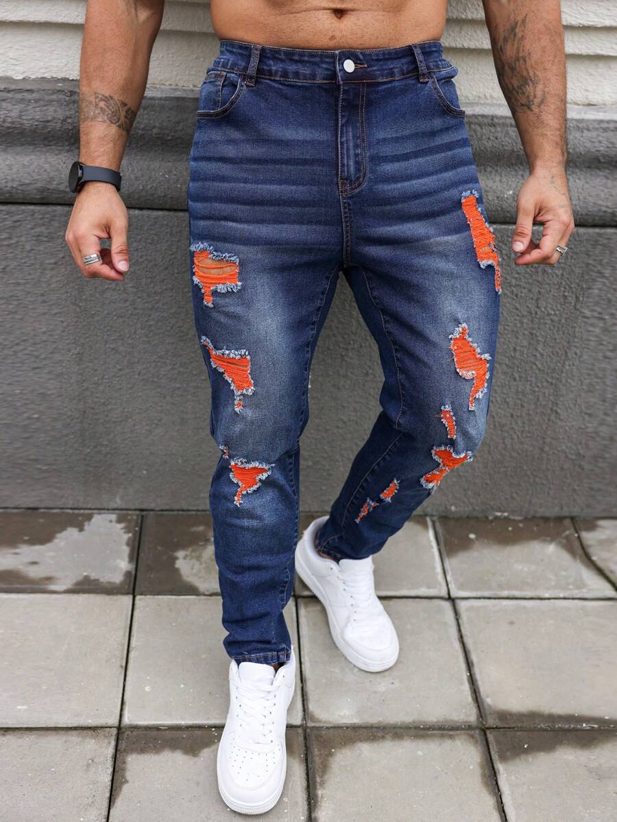 Manfinity EMRG Pantalones vaqueros de mezclilla desgastados con botones delanteros y múltiples bolsillos para hombres de talla grande, para uso casual de todos los días