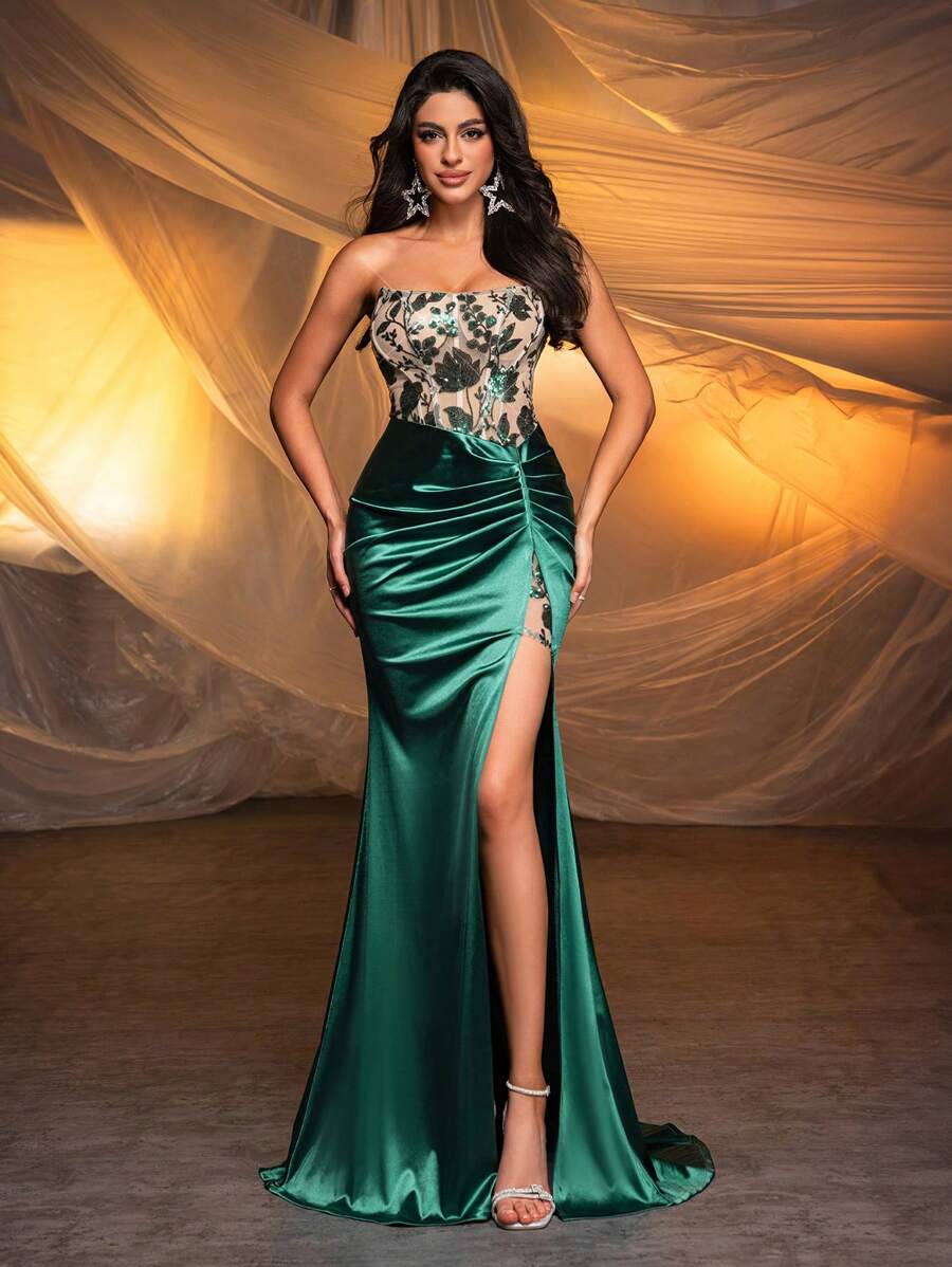 Glamrae Elegant, Gorgeous, Champagne Color Contrasting Dark Green Sexy Bodycon Luxurious Sequins Floral Design, Stretch Glossy Satin Fabric, Herringbone Stitching Details, High Slit Fishtail Floor-Length Style Suitable For Wedding Events, Bachelorette Parties, Graduation Prom Informal Dinner Dresses (Heavy Industrial Style) Party Dress Wedding Guest Dress Evening Dress,Gown